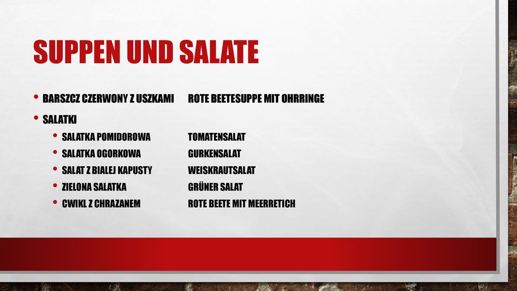 Suppen und Salate Barszcz czerwony z uszkami Rote Beetesuppe mit Ohrringe. Salatki. Salatka Pomidorowa Tomatensalat.