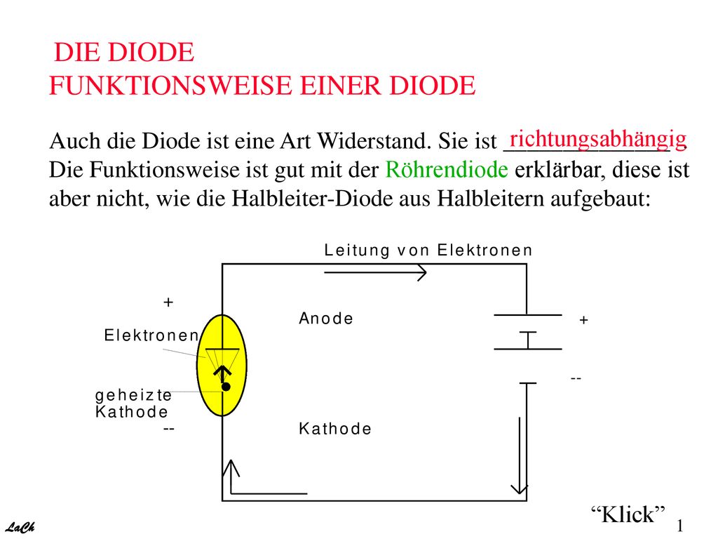 DIE DIODE FUNKTIONSWEISE EINER DIODE Auch die Diode ist eine Art Widerstand. Sie ist ______________ . Die Funktionsweise ist gut mit der Röhrendiode erklärbar, diese ist aber nicht, wie die Halbleiter-Diode aus Halbleitern aufgebaut: