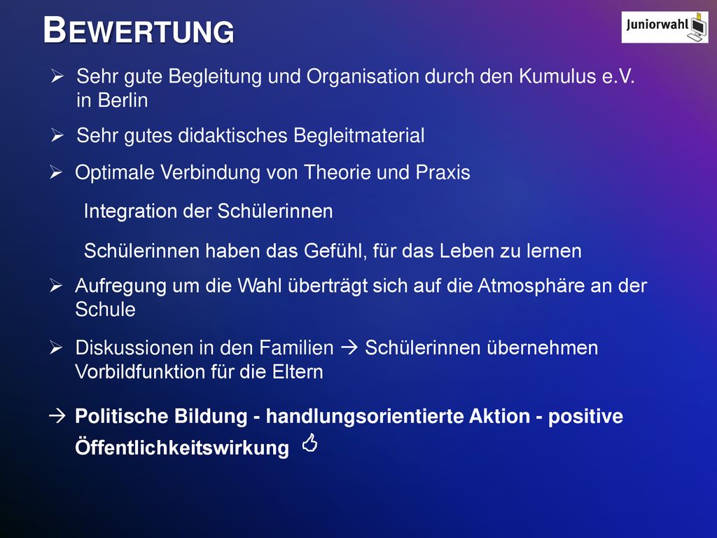 Bewertung Sehr gute Begleitung und Organisation durch den Kumulus e.V. in Berlin. Sehr gutes didaktisches Begleitmaterial.
