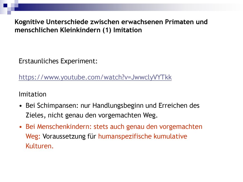 Kognitive Unterschiede zwischen erwachsenen Primaten und menschlichen Kleinkindern (1) Imitation