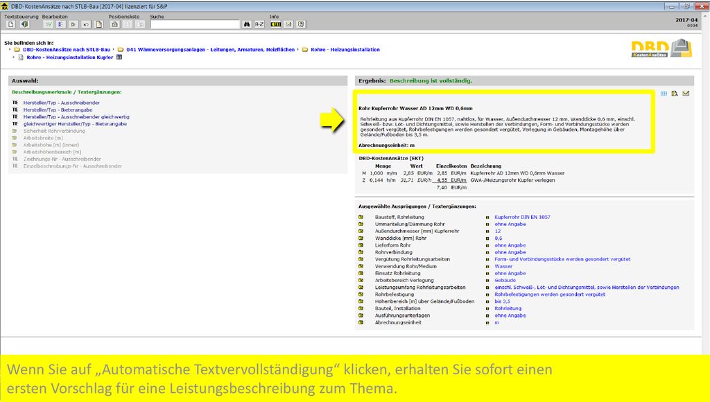 Wenn Sie auf „Automatische Textvervollständigung klicken, erhalten Sie sofort einen ersten Vorschlag für eine Leistungsbeschreibung zum Thema.