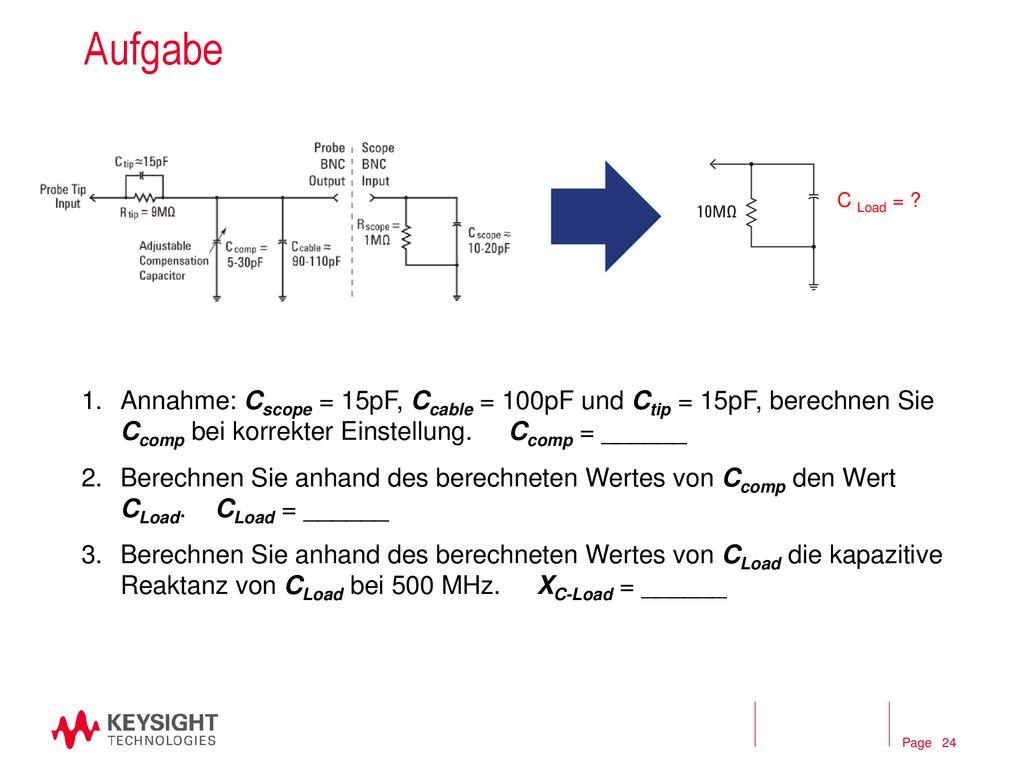 Aufgabe C Load = Annahme: Cscope = 15pF, Ccable = 100pF und Ctip = 15pF, berechnen Sie Ccomp bei korrekter Einstellung. Ccomp = ______.