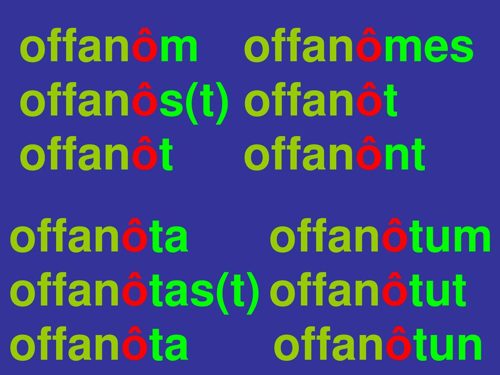 offanôm offanômes. offanôs(t) offanôt. offanôt. offanônt. offanôta. offanôtum. offanôtas(t) offanôtut.
