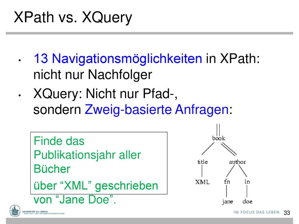 XPath vs. XQuery 13 Navigationsmöglichkeiten in XPath: nicht nur Nachfolger. XQuery: Nicht nur Pfad-, sondern Zweig-basierte Anfragen:
