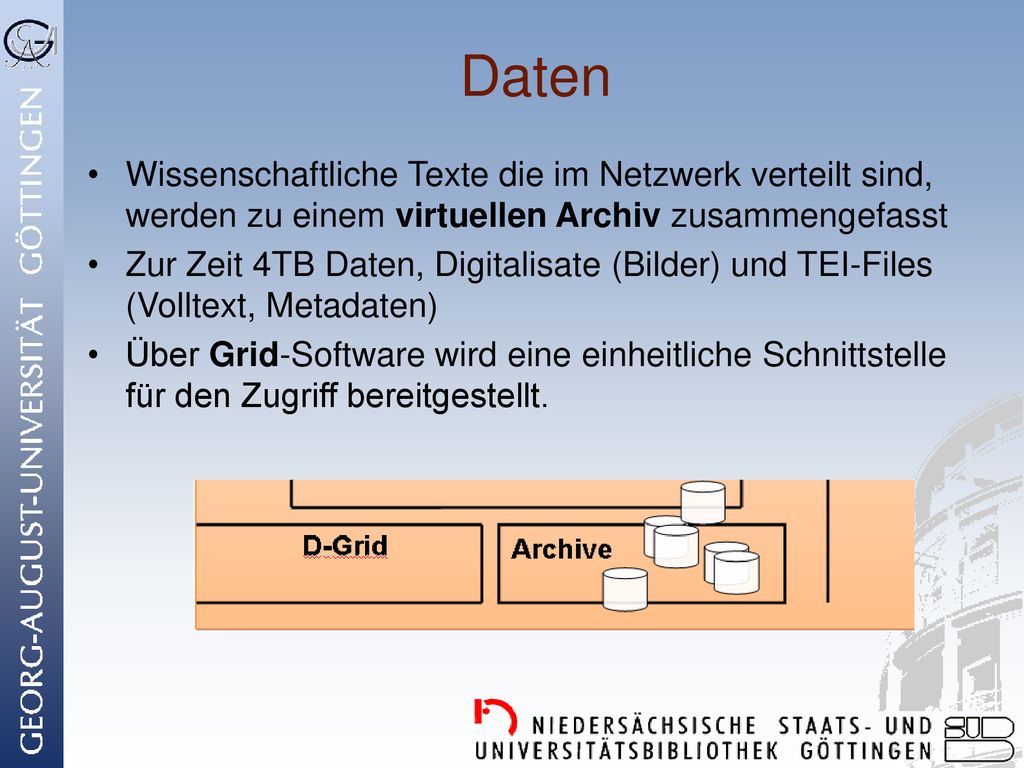 Daten Wissenschaftliche Texte die im Netzwerk verteilt sind, werden zu einem virtuellen Archiv zusammengefasst.