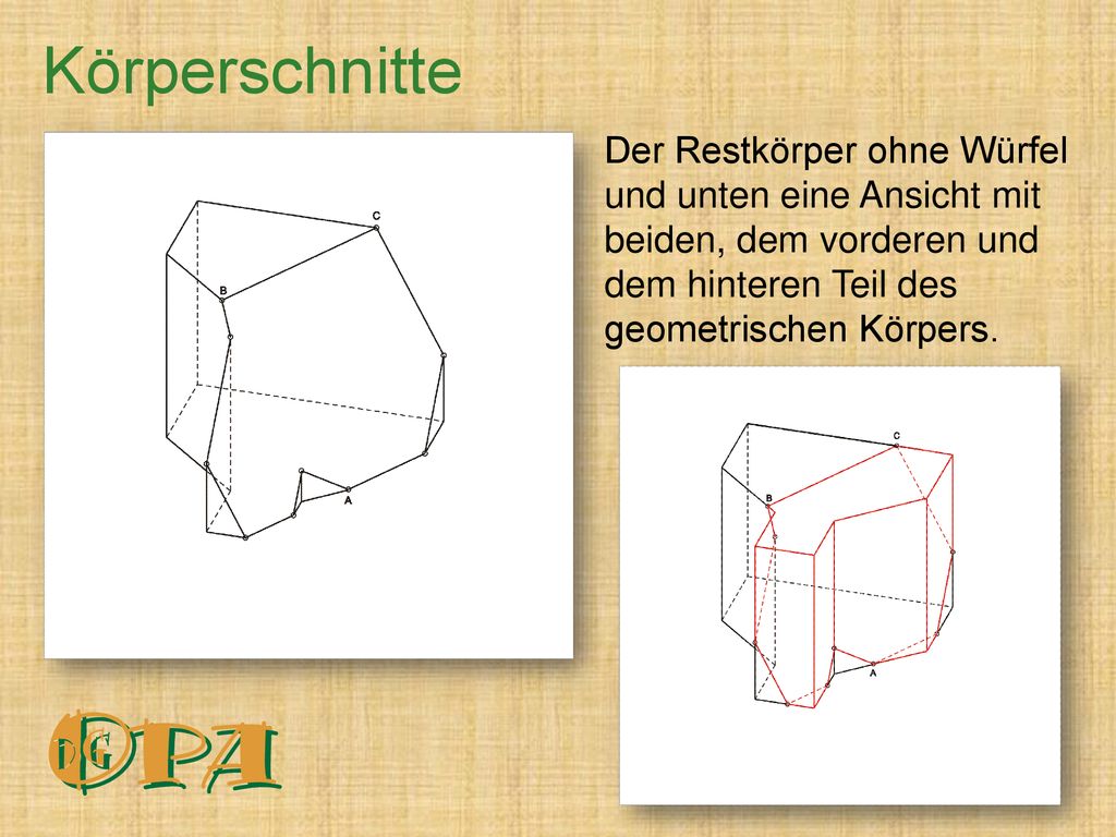 Körperschnitte Der Restkörper ohne Würfel und unten eine Ansicht mit beiden, dem vorderen und dem hinteren Teil des geometrischen Körpers.