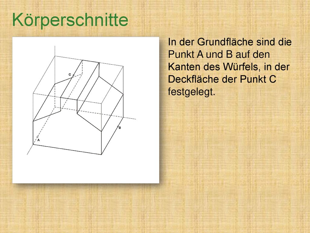Körperschnitte In der Grundfläche sind die Punkt A und B auf den Kanten des Würfels, in der Deckfläche der Punkt C festgelegt.
