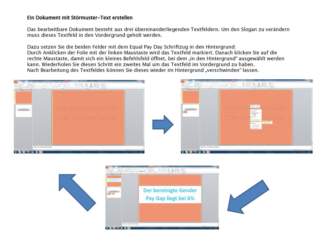 Ein Dokument mit Störmuster-Text erstellen Das bearbeitbare Dokument besteht aus drei übereinanderliegenden Textfeldern.