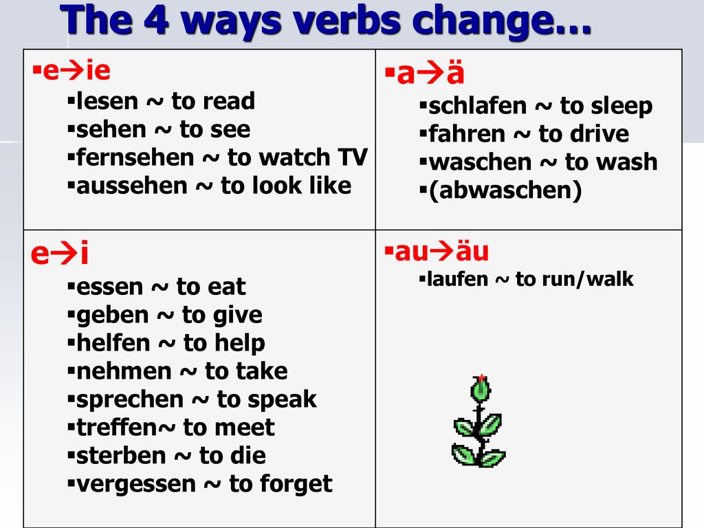 The 4 ways verbs change… aä ei eie auäu lesen ~ to read