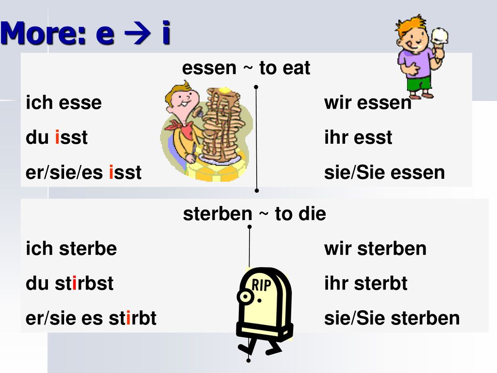 More: e  i essen ~ to eat ich esse wir essen du isst ihr esst