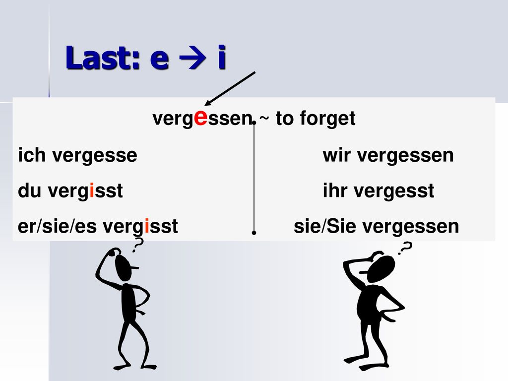 Last: e  i vergessen ~ to forget ich vergesse wir vergessen