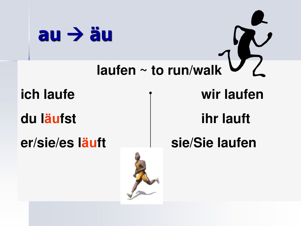 au  äu laufen ~ to run/walk ich laufe wir laufen du läufst ihr lauft