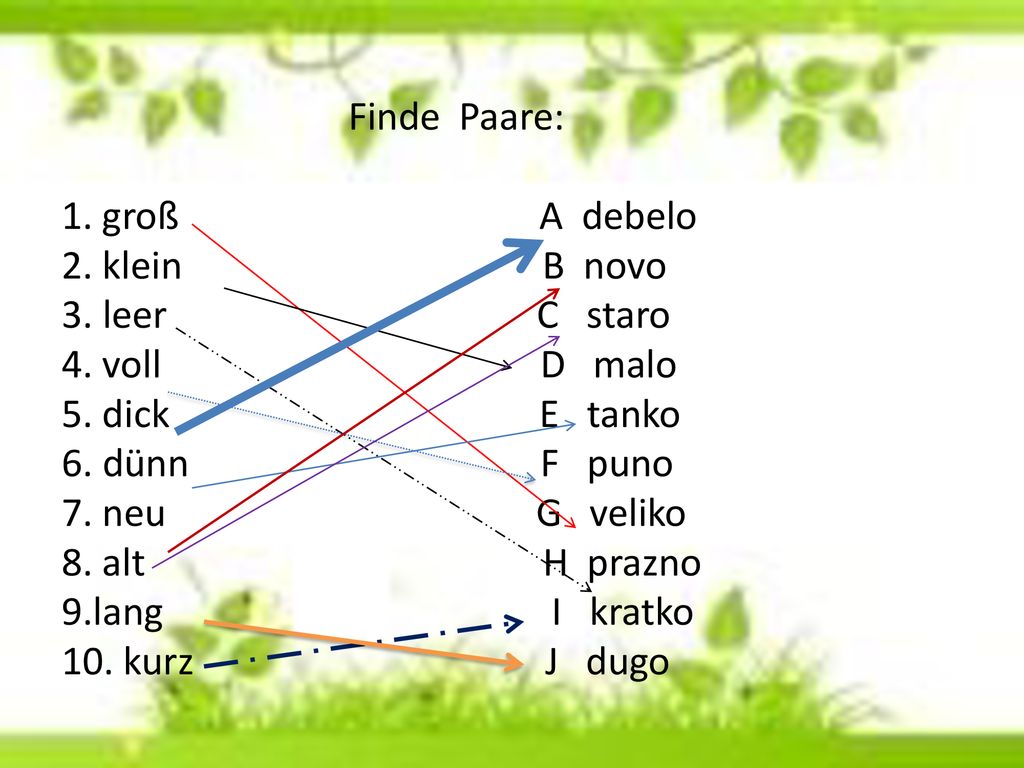 Finde Paare: 1. groß A debelo 2. klein B novo 3. leer C staro 4