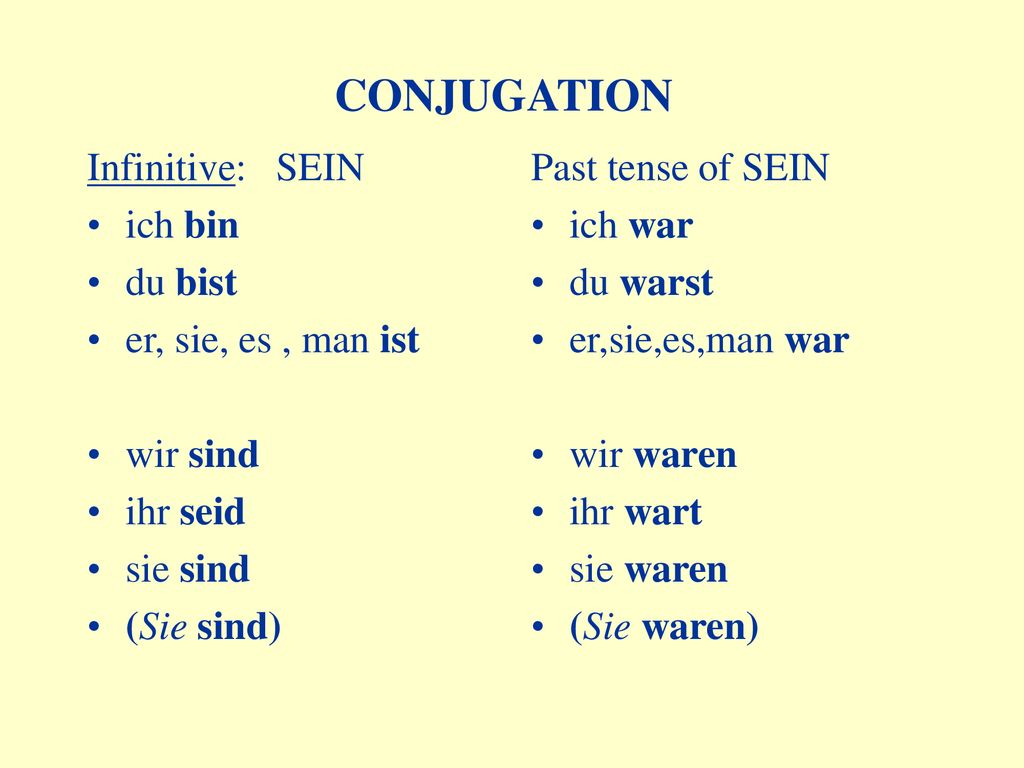 CONJUGATION Infinitive: SEIN ich bin du bist er, sie, es , man ist