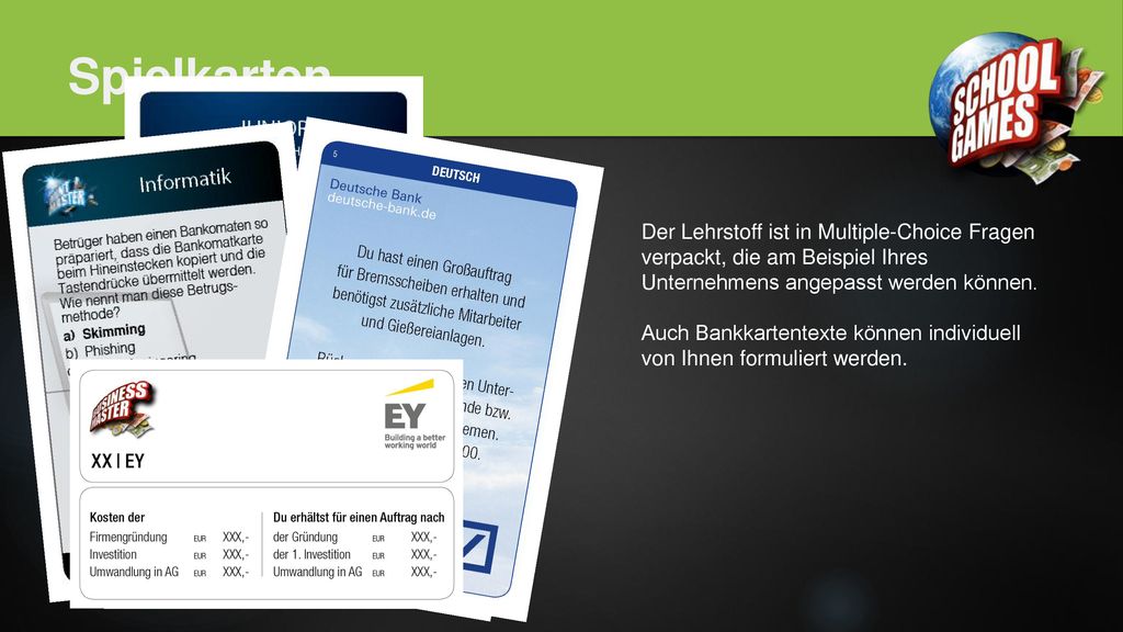Spielkarten. Der Lehrstoff ist in Multiple-Choice Fragen verpackt, die am Beispiel Ihres Unternehmens angepasst werden können.