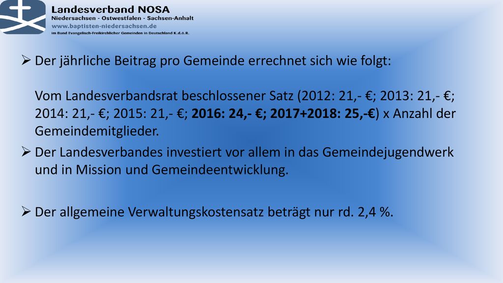 Der jährliche Beitrag pro Gemeinde errechnet sich wie folgt: Vom Landesverbandsrat beschlossener Satz (2012: 21,- €; 2013: 21,- €; 2014: 21,- €; 2015: 21,- €; 2016: 24,- €; : 25,-€) x Anzahl der Gemeindemitglieder.