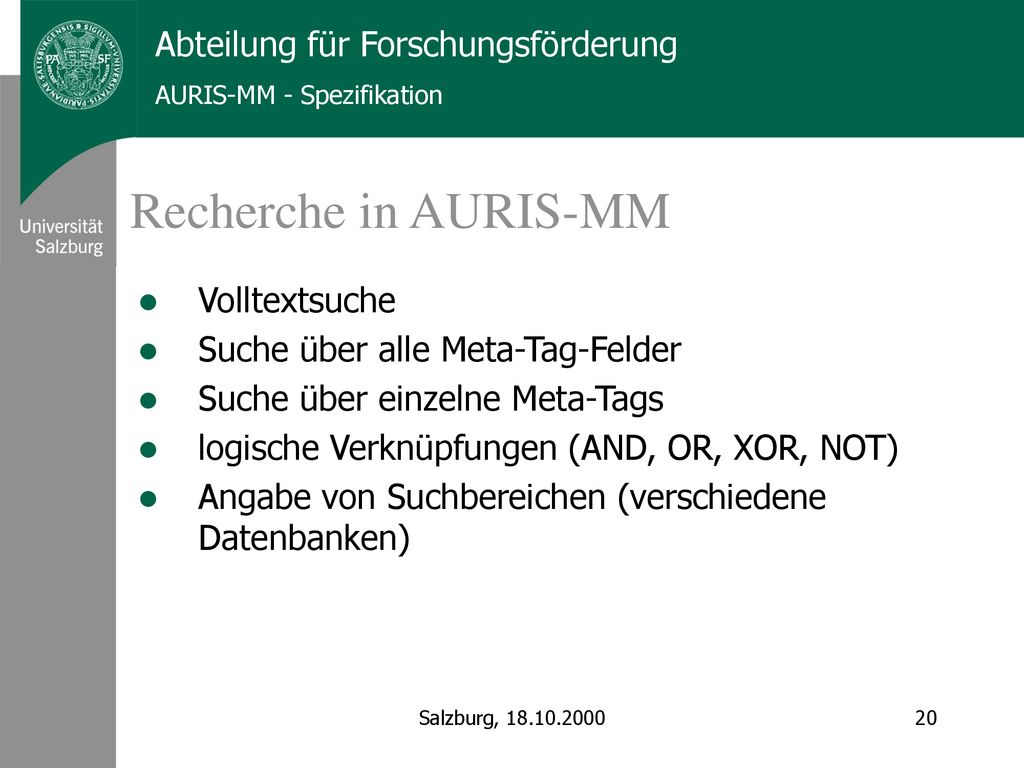 Recherche in AURIS-MM Volltextsuche Suche über alle Meta-Tag-Felder