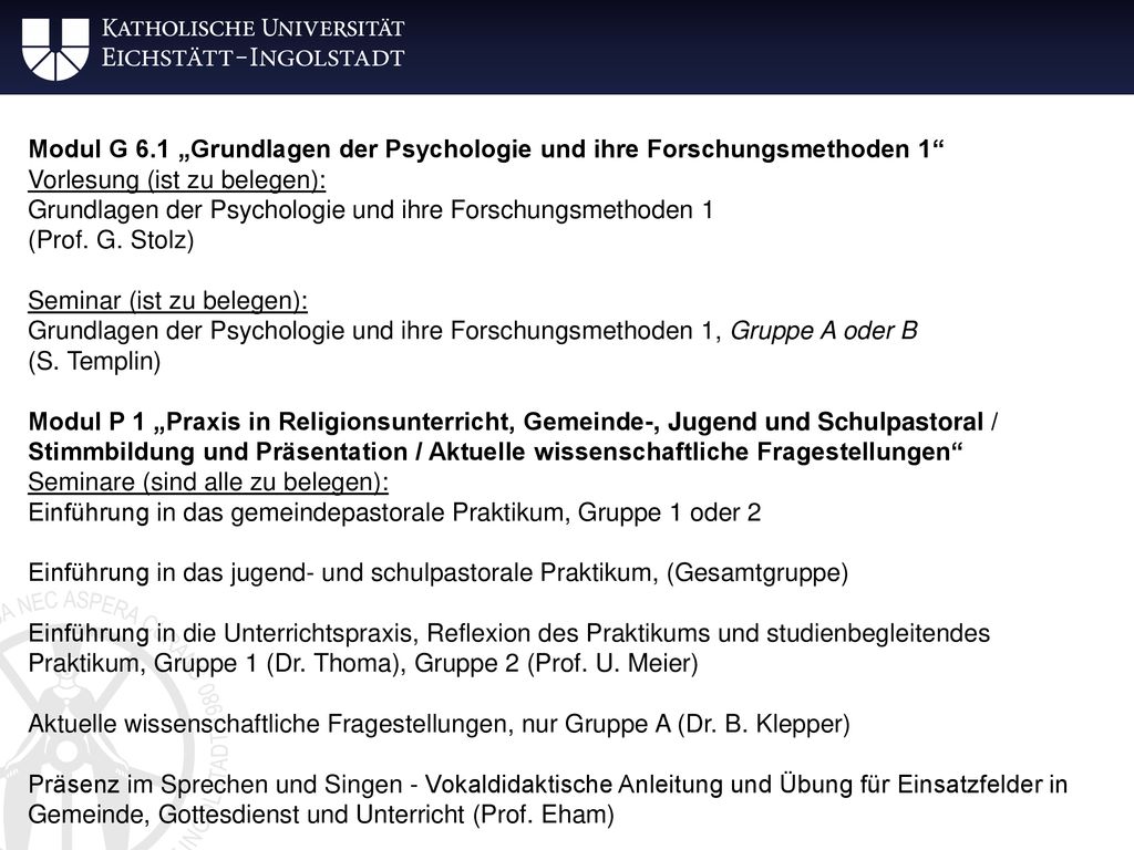 Modul G 6.1 „Grundlagen der Psychologie und ihre Forschungsmethoden 1