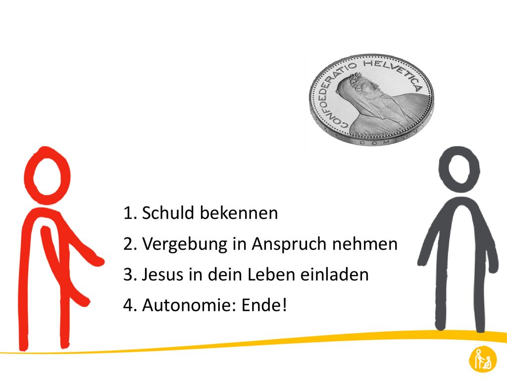 Schuld bekennen Vergebung in Anspruch nehmen Jesus in dein Leben einladen Autonomie: Ende!
