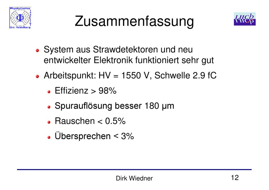 Zusammenfassung System aus Strawdetektoren und neu entwickelter Elektronik funktioniert sehr gut. Arbeitspunkt: HV = 1550 V, Schwelle 2.9 fC.
