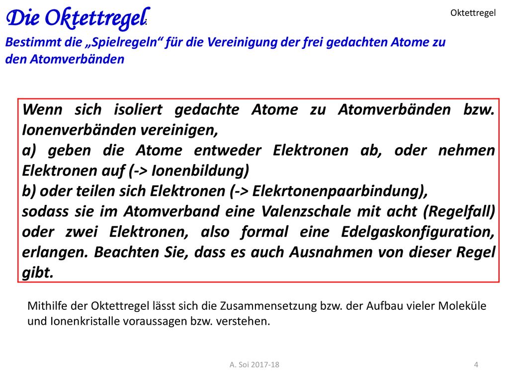 Die Oktettregel: Bestimmt die „Spielregeln für die Vereinigung der frei gedachten Atome zu den Atomverbänden.
