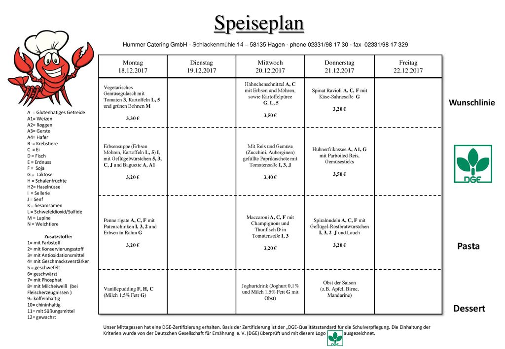 Speiseplan Pasta Dessert Wunschlinie Montag Dienstag