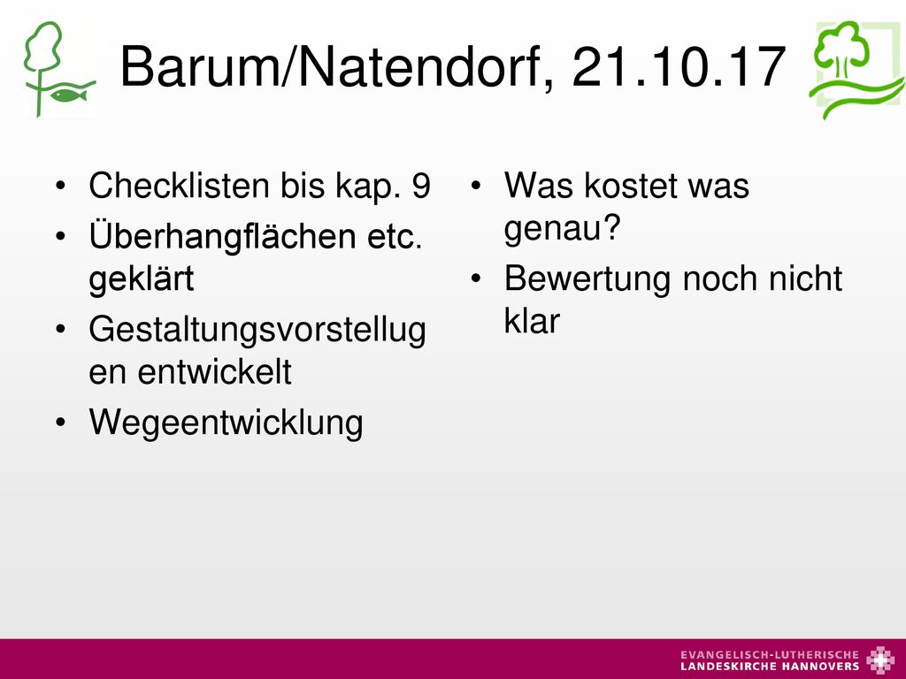 Barum/Natendorf, Checklisten bis kap. 9