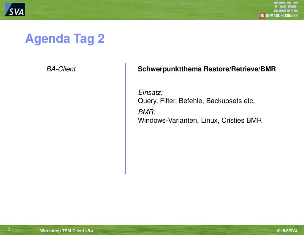 Agenda Tag 2 BA-Client Schwerpunktthema Restore/Retrieve/BMR Einsatz: