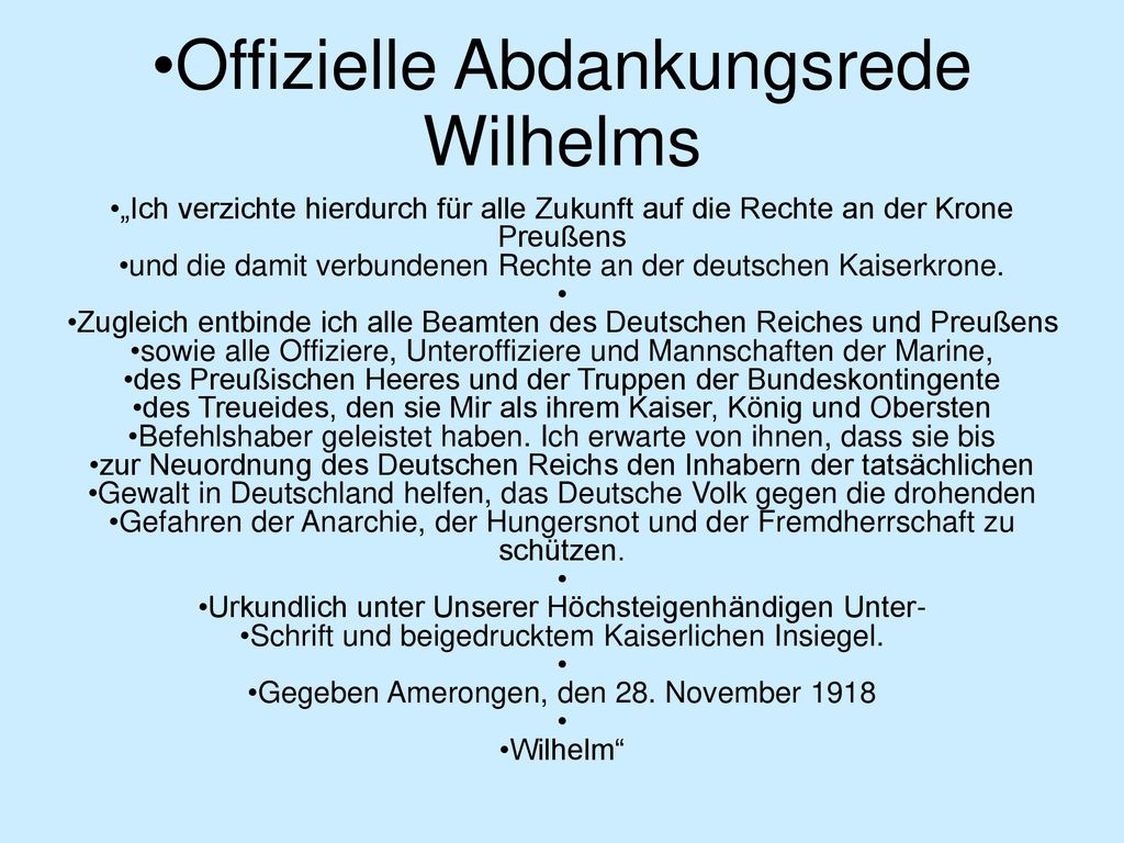 Offizielle Abdankungsrede Wilhelms