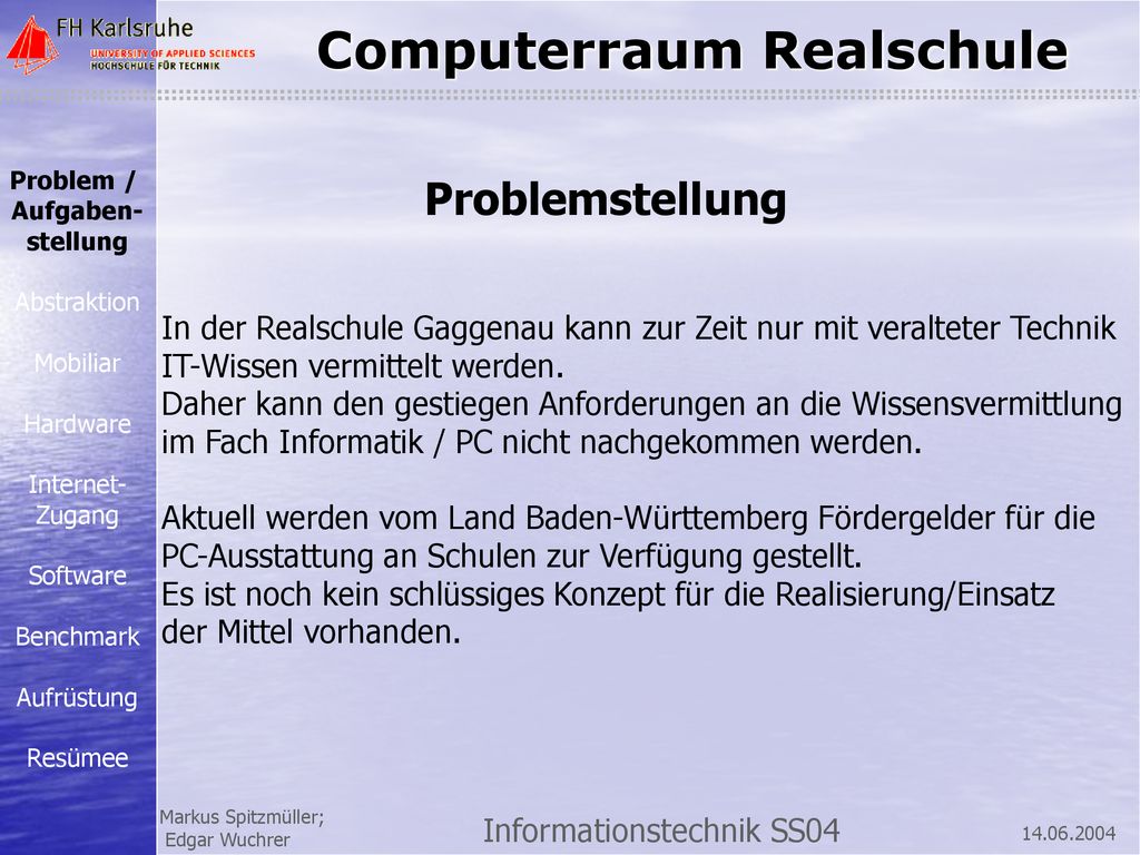 Problem / Aufgaben- stellung. Abstraktion. Mobiliar. Hardware. Internet- Zugang. Software. Benchmark.
