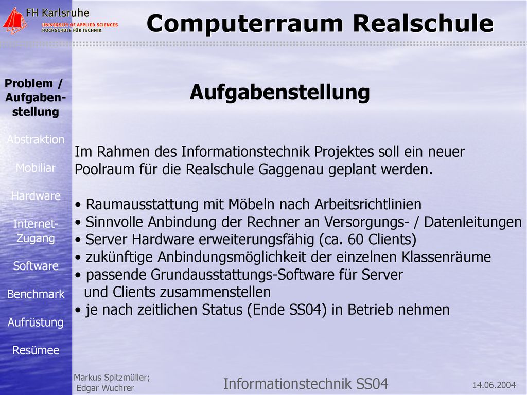 Problem / Aufgaben- stellung. Abstraktion. Mobiliar. Hardware. Internet- Zugang. Software. Benchmark.