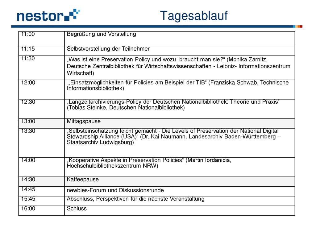 Tagesablauf 11:00 Begrüßung und Vorstellung 11:15