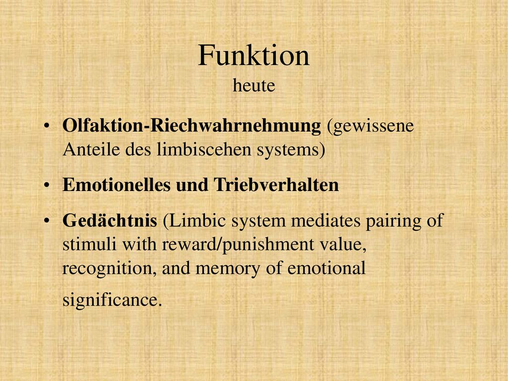 Funktion heute Olfaktion-Riechwahrnehmung (gewissene Anteile des limbiscehen systems) Emotionelles und Triebverhalten.