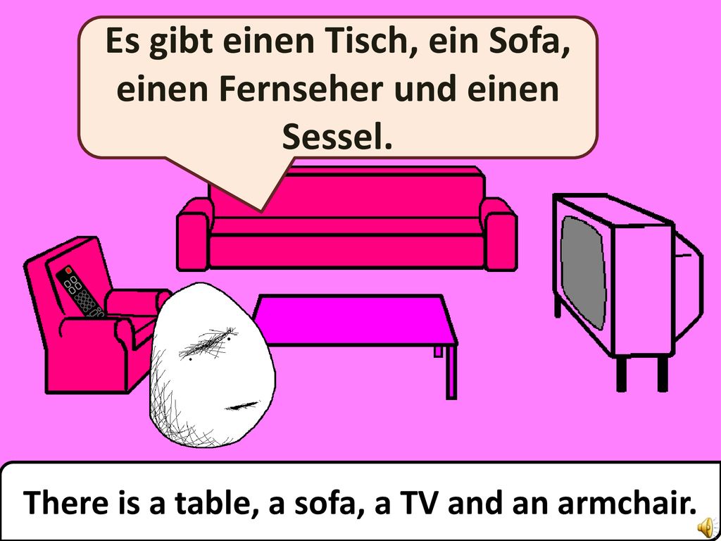 Es gibt einen Tisch, ein Sofa, einen Fernseher und einen Sessel.