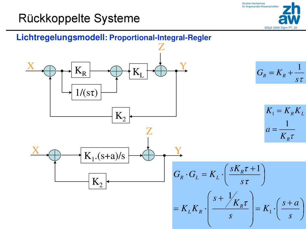 Rückkoppelte Systeme Z X Y KR KL 1/(sτ) K2 Z X Y K1.(s+a)/s K2