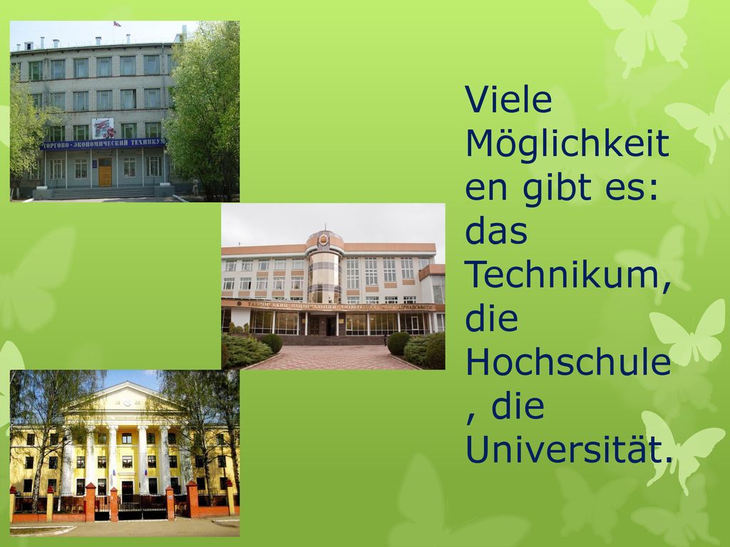 Viele Möglichkeit en gibt es: das Technikum, die Hochschule , die Universität.