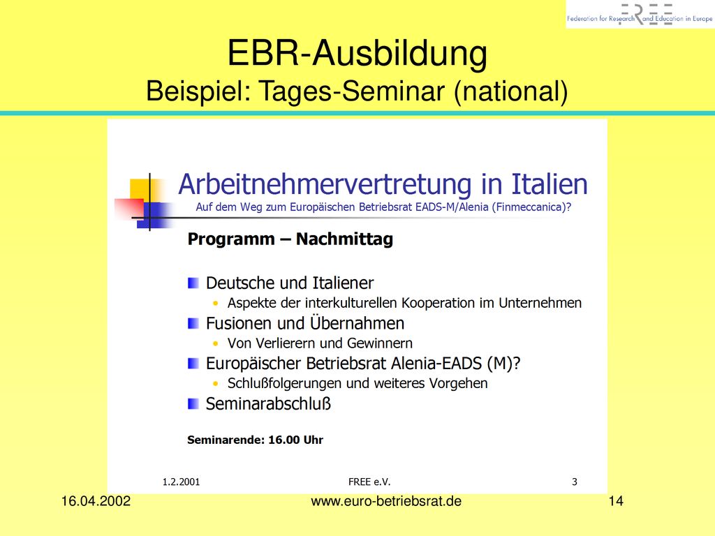EBR-Ausbildung Beispiel: Tages-Seminar (national)