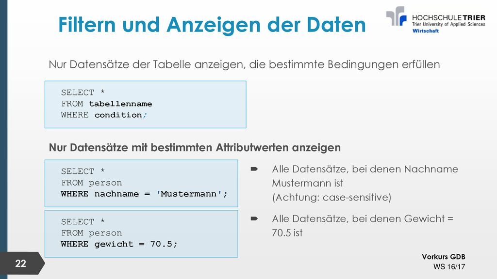 Filtern und Anzeigen der Daten