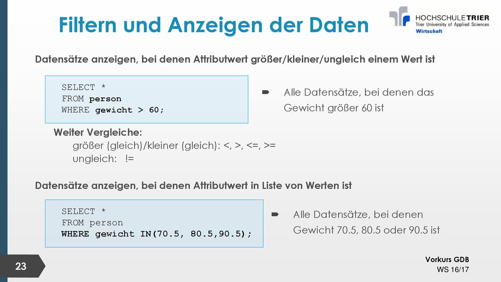 Filtern und Anzeigen der Daten