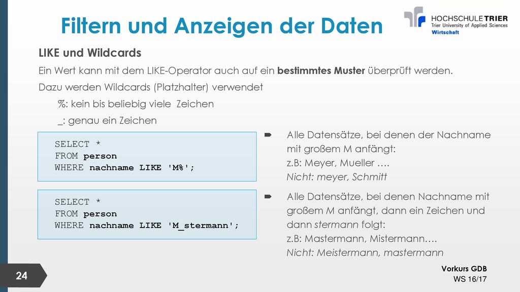 Filtern und Anzeigen der Daten