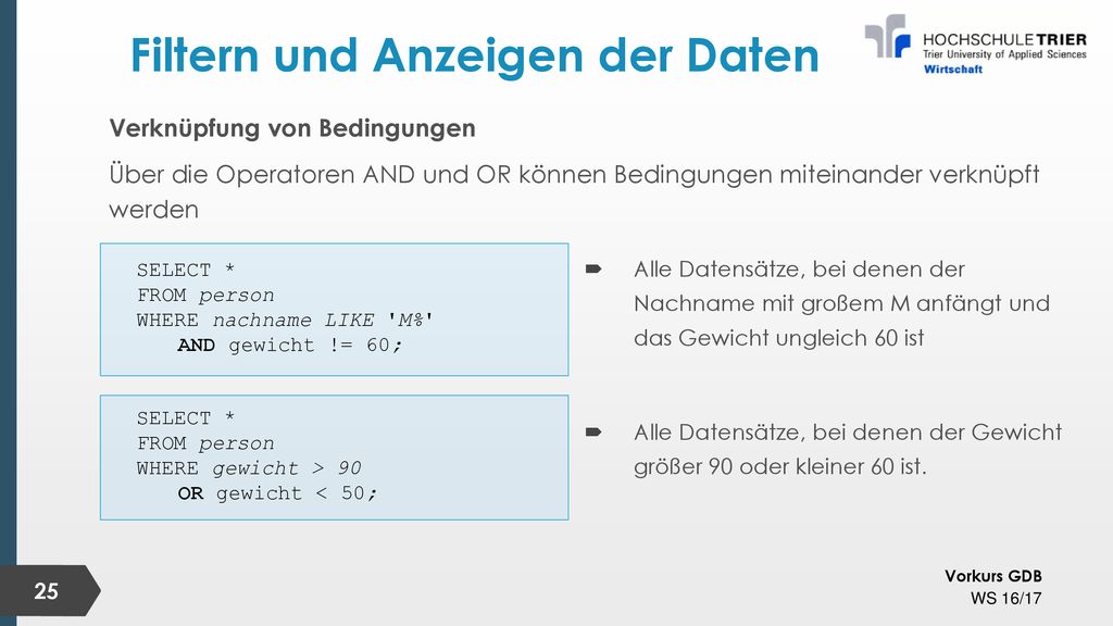 Filtern und Anzeigen der Daten