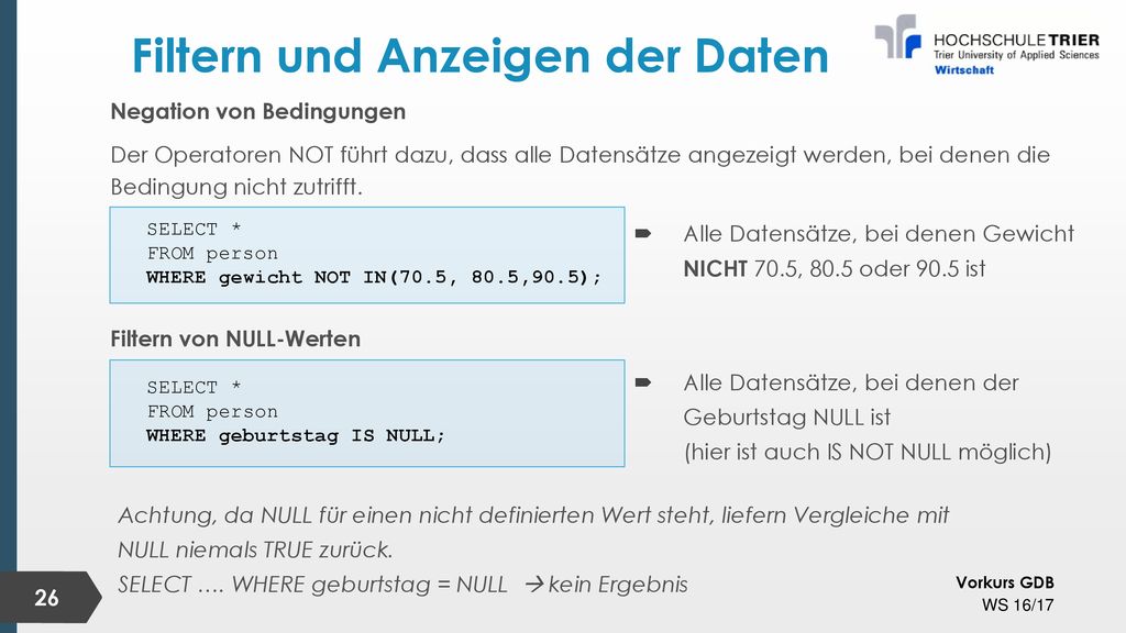 Filtern und Anzeigen der Daten