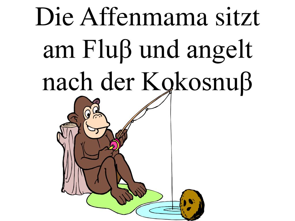 Die Affenmama sitzt am Fluβ und angelt nach der Kokosnuβ