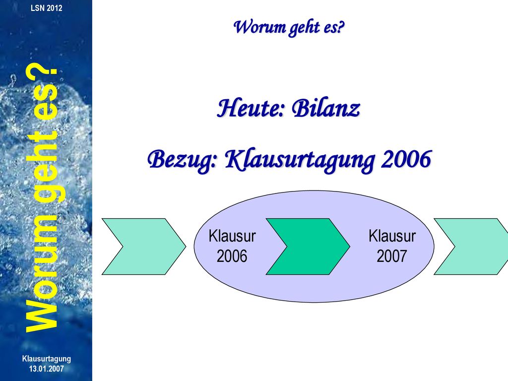 Worum geht es Heute: Bilanz Bezug: Klausurtagung 2006 Worum geht es