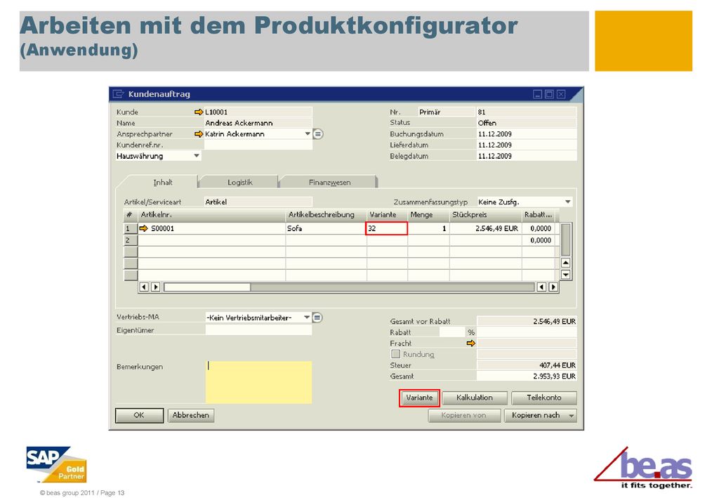 Arbeiten mit dem Produktkonfigurator (Anwendung)