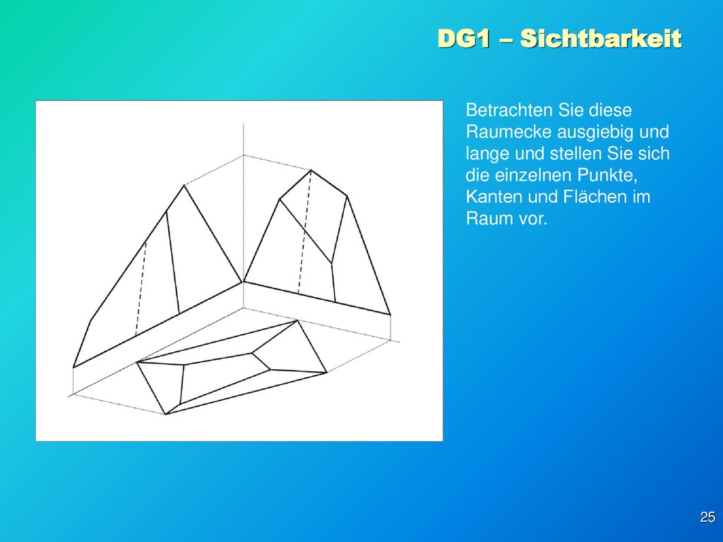 DG1 – Sichtbarkeit Betrachten Sie diese Raumecke ausgiebig und lange und stellen Sie sich die einzelnen Punkte, Kanten und Flächen im Raum vor.
