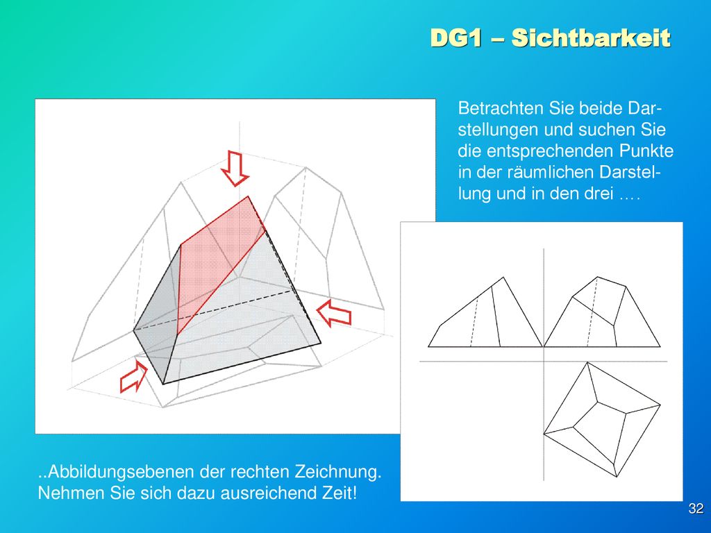 DG1 – Sichtbarkeit Betrachten Sie beide Dar-stellungen und suchen Sie die entsprechenden Punkte in der räumlichen Darstel-lung und in den drei ….
