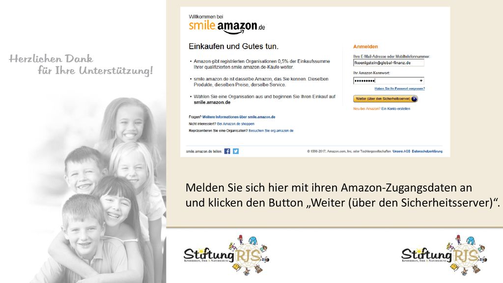 Melden Sie sich hier mit ihren Amazon-Zugangsdaten an und klicken den Button „Weiter (über den Sicherheitsserver) .
