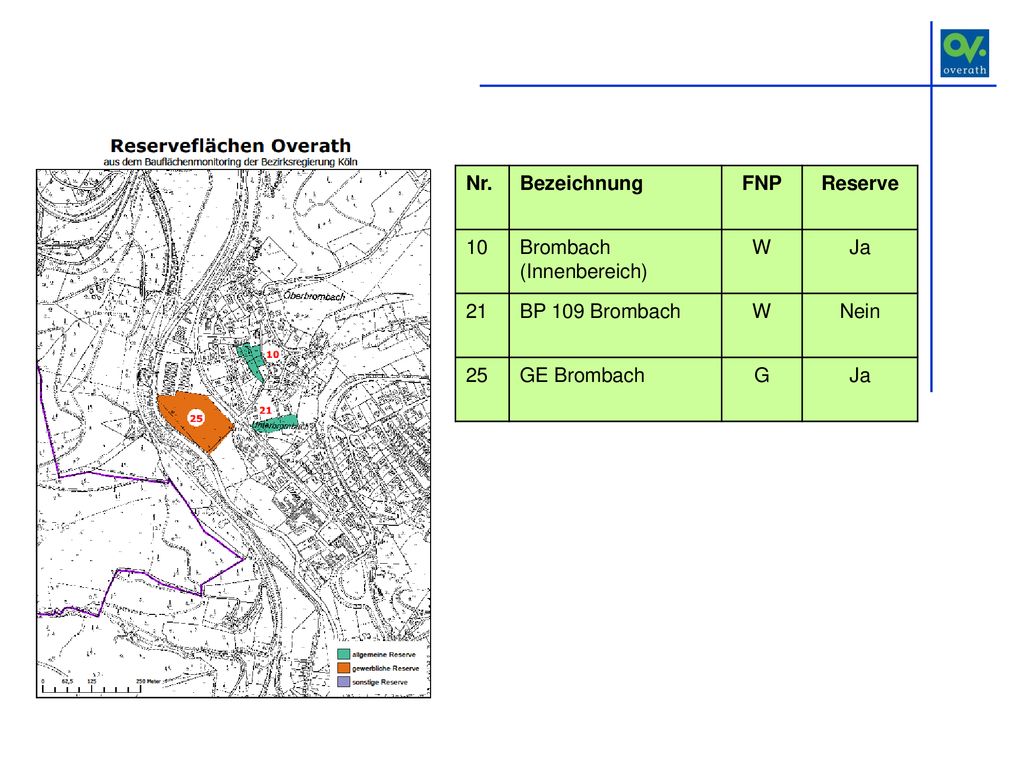 Nr. Bezeichnung. FNP. Reserve. 10. Brombach. (Innenbereich) W. Ja. 21. BP 109 Brombach. Nein.