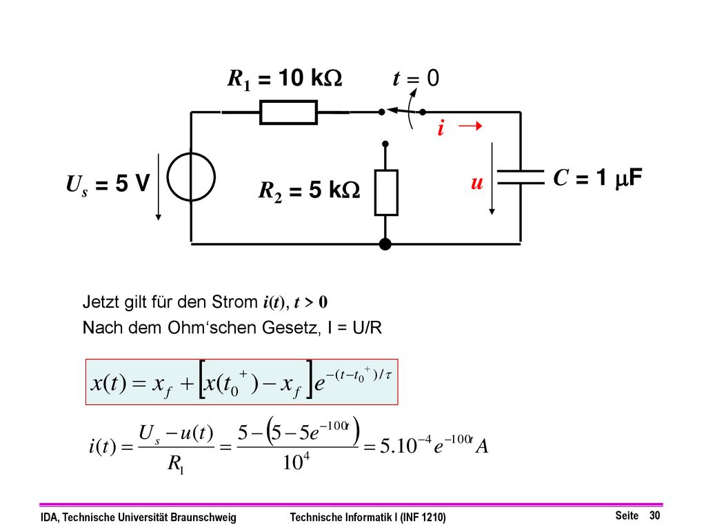 R1 = 10 kW t = 0 i u C = 1 mF Us = 5 V R2 = 5 kW